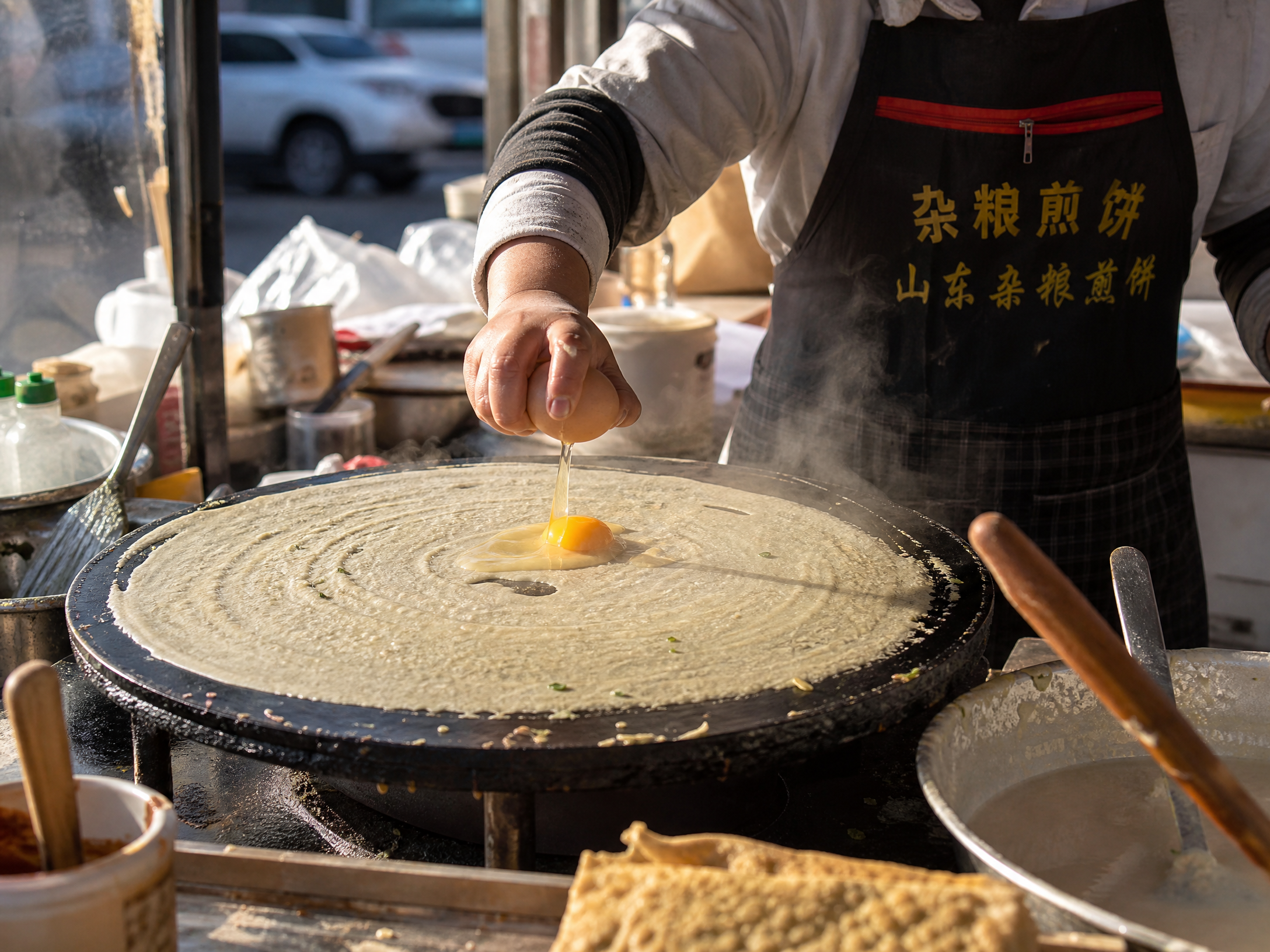 煎饼果子制作过程摊开面糊